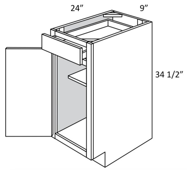 B09L - Assembled Cream White Shaker - Base Cabinet - Single Door/Drawer - 9"W x 34.5"H x 24" - Hinges on Left