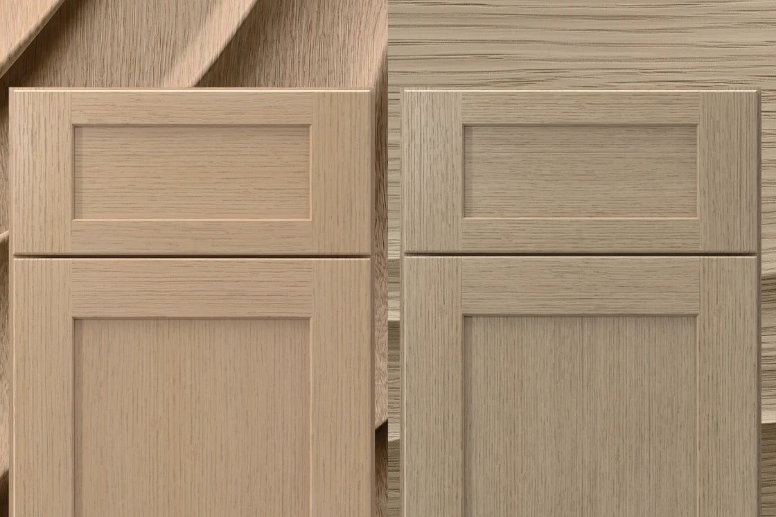 Fabuwood Natural Oak and Desert Oak rift-cut white oak cabinet doors shown side by side for comparison