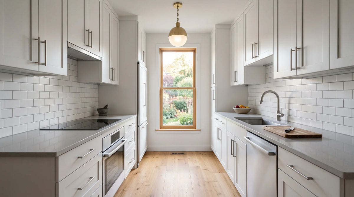 Galley kitchen with white shaker cabinets on both walls and a subway tile backsplash