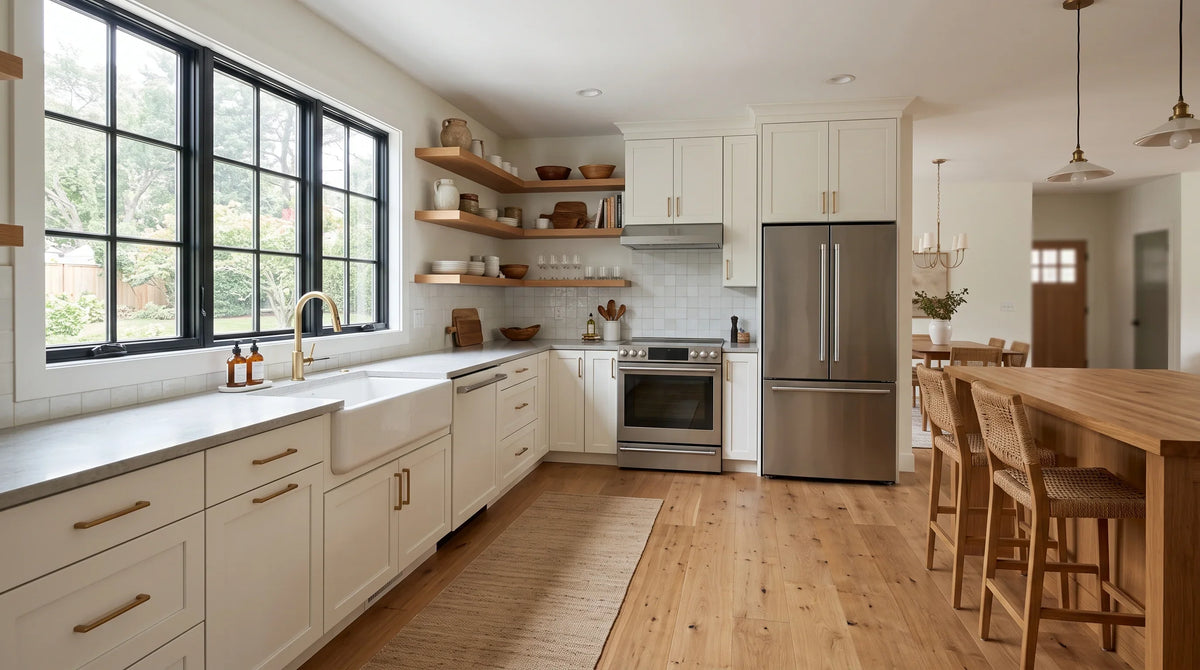 L-shaped kitchen with white shaker cabinets, a farmhouse sink and open wood shelving