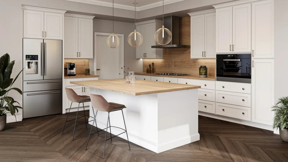 Kitchen with CNC Cabinetry full overlay shaker cabinets in a white painted finish