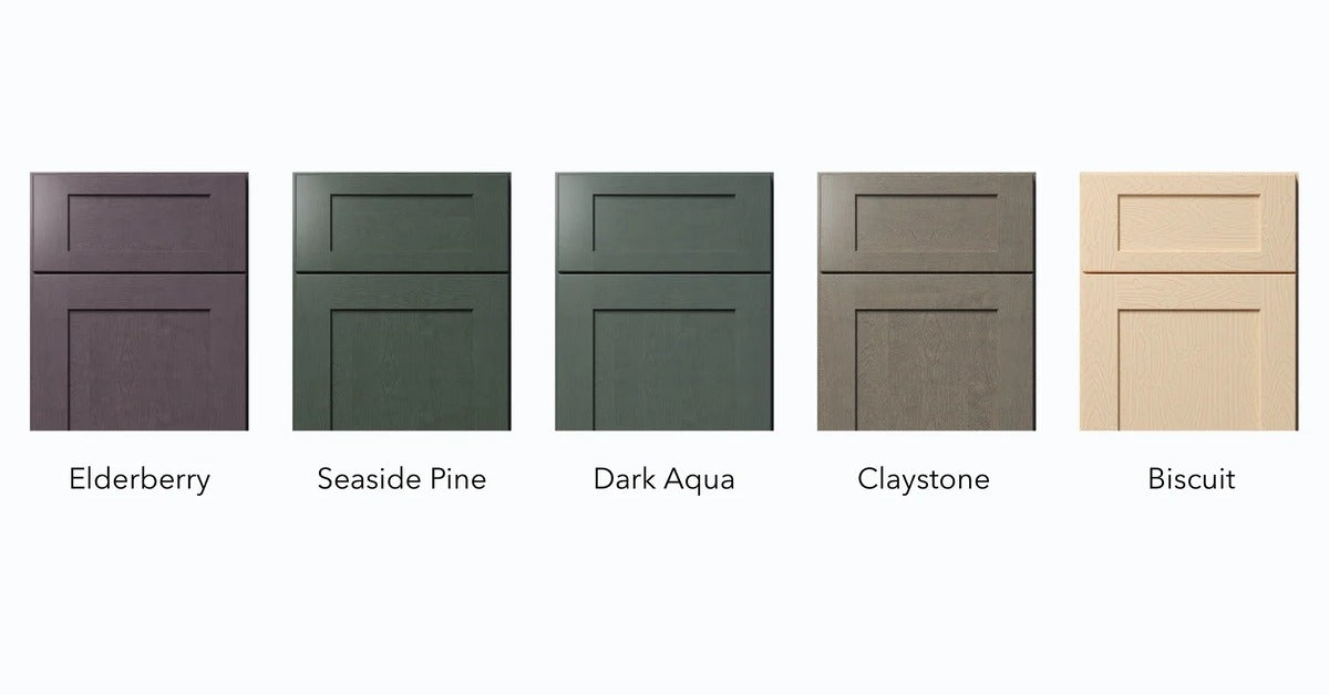 Five new Fabuwood Designer Collection stain doors labelled Elderberry, Seaside Pine, Dark Aqua, Claystone and Biscuit