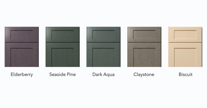 Fabuwood Designer Stain Collection: Elderberry, Seaside Pine, Dark Aqua, Claystone and Biscuit