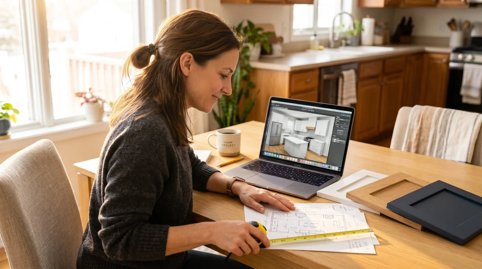 Homeowner reviewing a 3D kitchen design on a laptop beside a floor plan, tape measure and cabinet door samples
