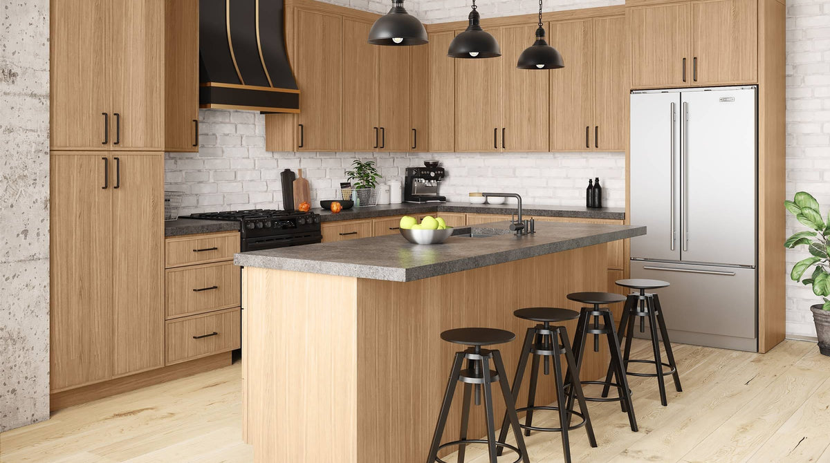 Kitchen with Kitchen Cabinet Distributors (KCD) Oslo oak slab cabinets