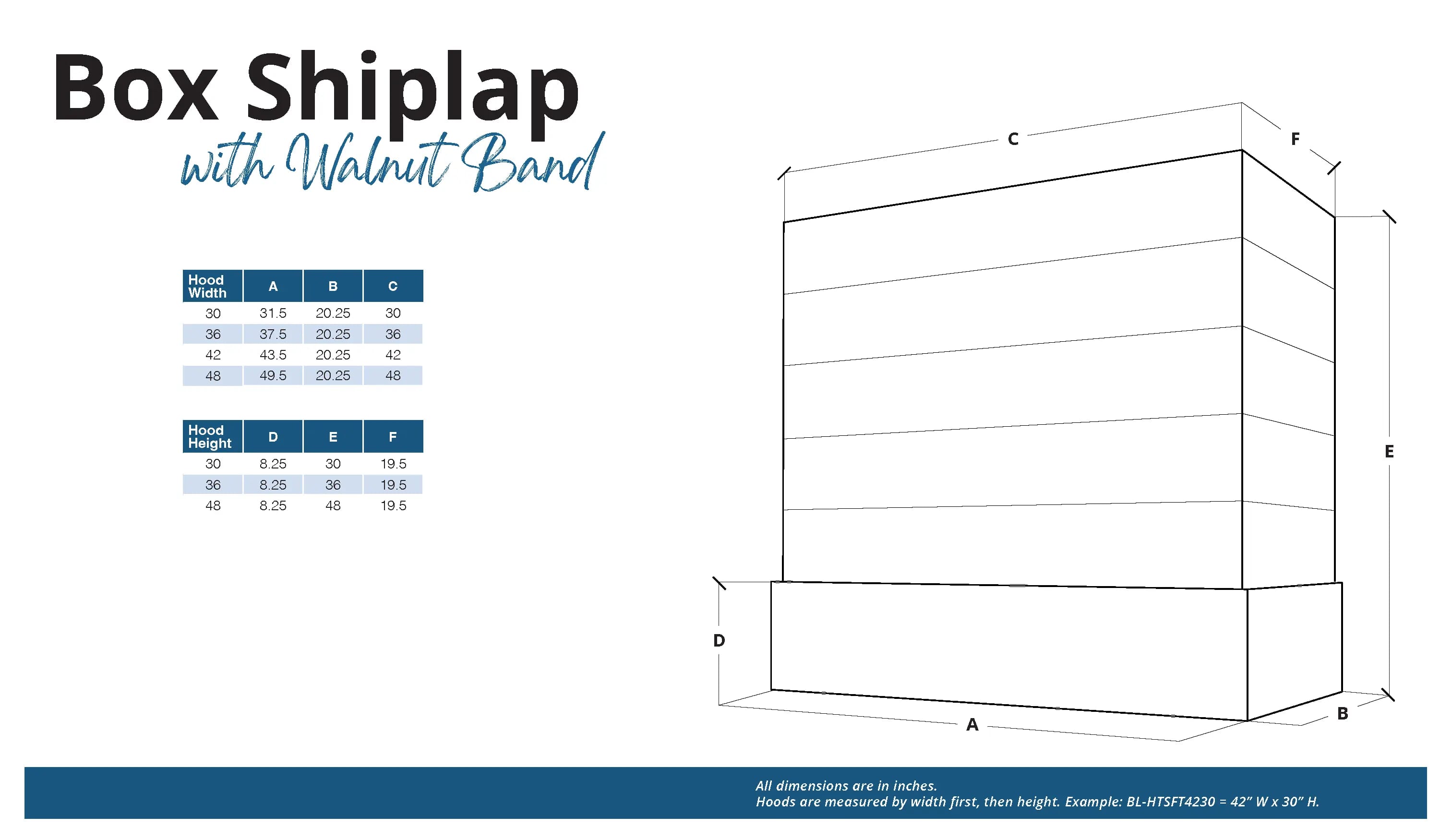 KCD Oslo White Box Hood with Shiplap Walnut Band - 42" W x 30" H - product photo