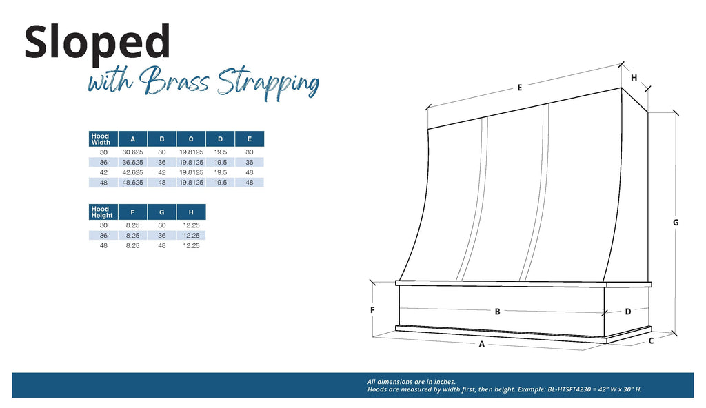 KCD Oslo Oak Sloped Hood with Brass Strapping - 42" W x 48" H - product photo