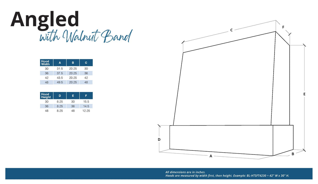 KCD Raw Angled Hood with Walnut Band - 42" W x 48" H - product photo