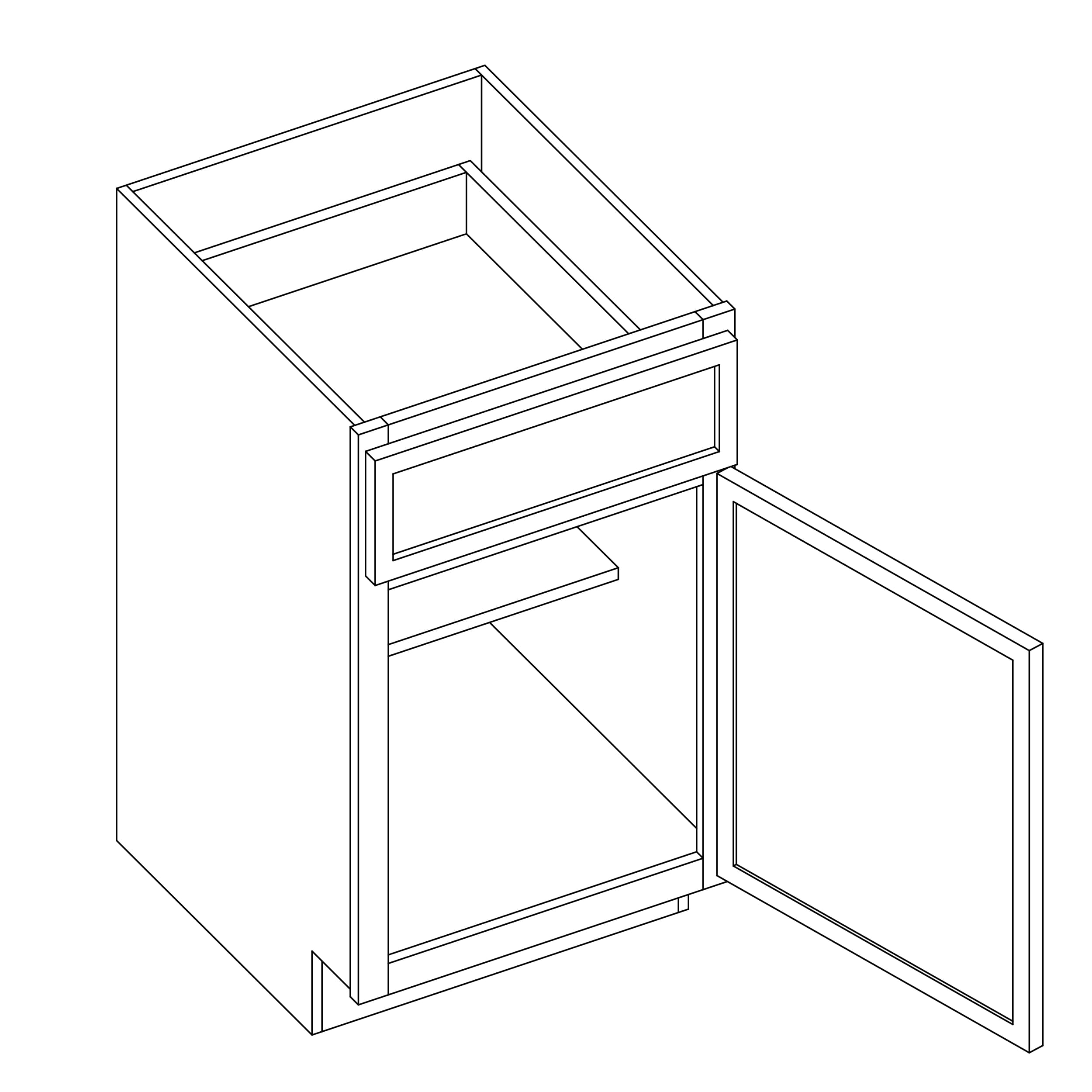 KCD Oslo Classic Walnut Single Door Standard Base Cabinet - 15" W - line drawing