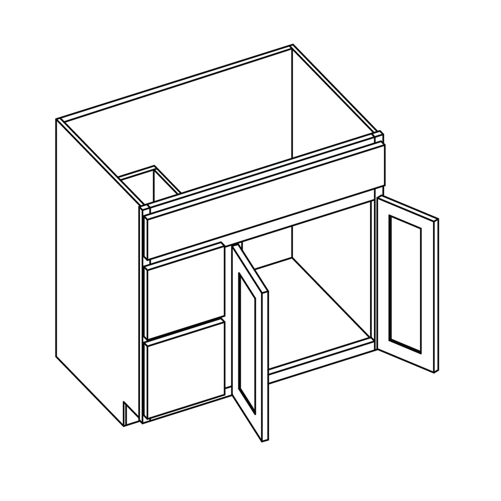 KCD Shaker Designer White Slab Vanity Sink Base Left Drawer Stacking Cabinet - 36" W - line drawing