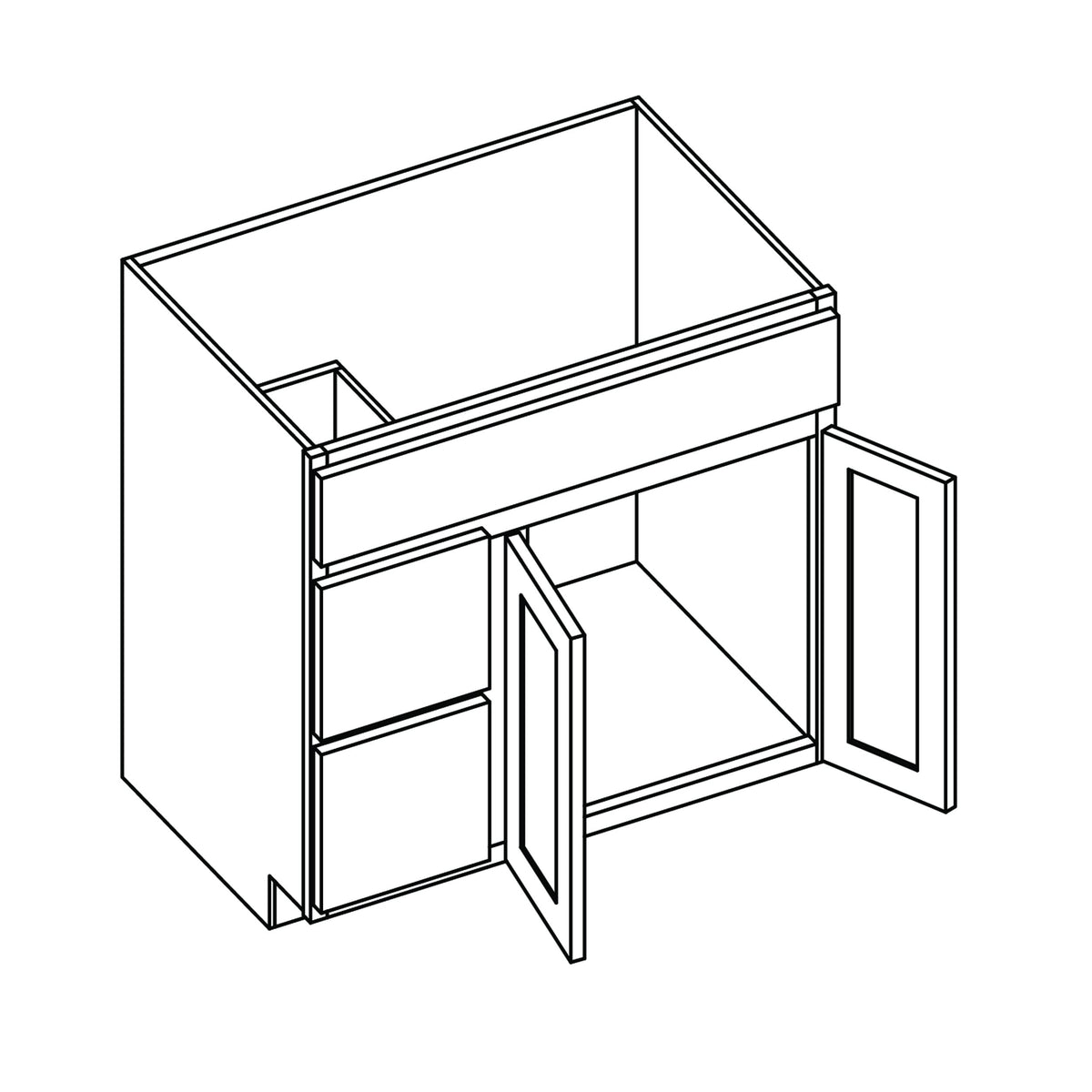 KCD Shaker Designer White Slab Vanity Sink Base Left Drawer Stacking Cabinet - 36" W - line drawing