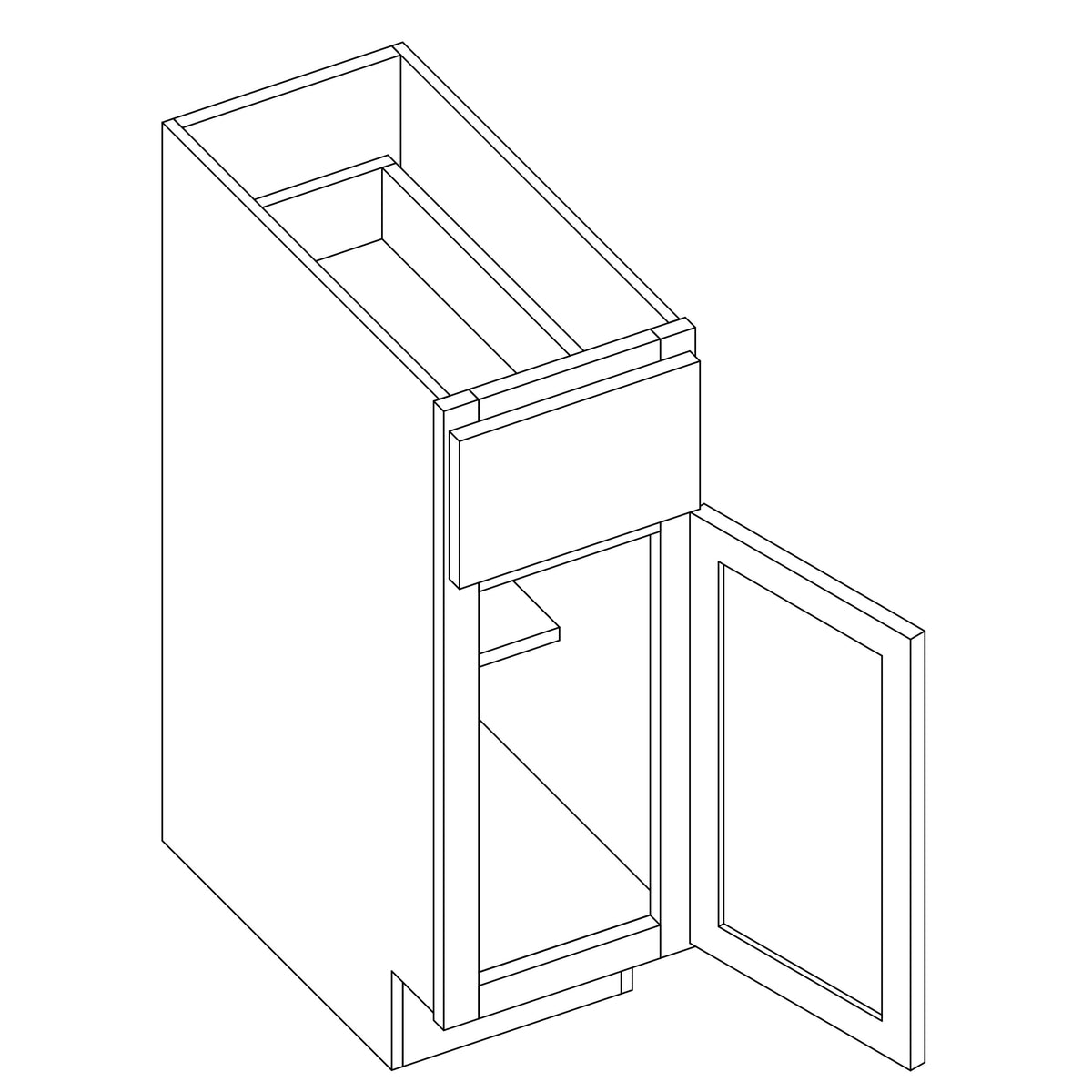 KCD Shaker Designer White Slab Single Door Standard Base Cabinet - 15" W - Reduced Height - line drawing