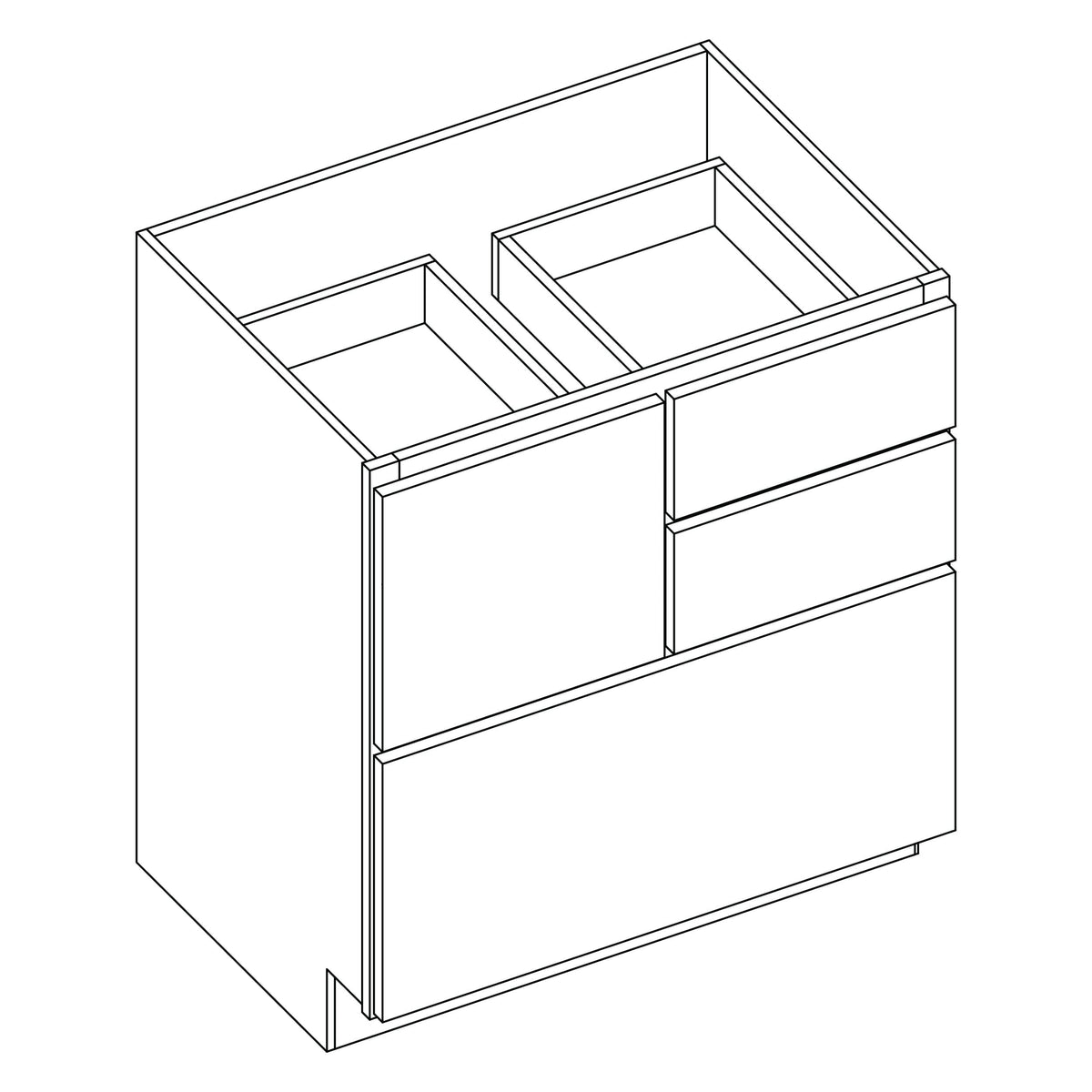 KCD Shaker Designer White Slab Cooking Center Base Cabinet - 30" W - line drawing