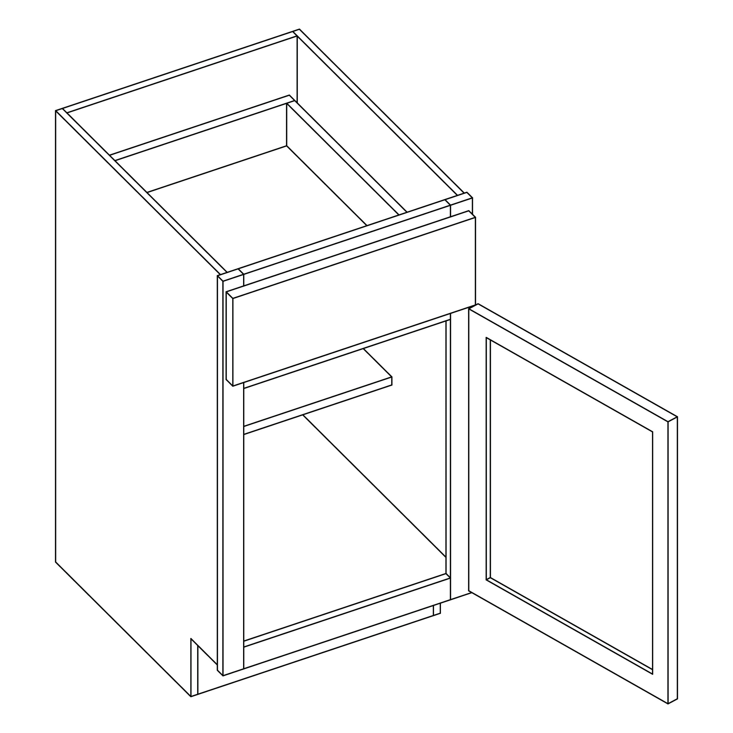 KCD Shaker Designer White Slab Single Door Standard Base Cabinet - 12" W - line drawing
