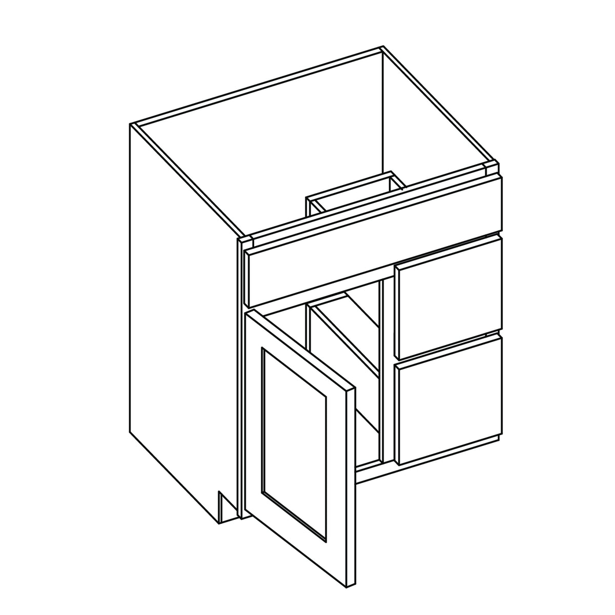 KCD Shaker Designer White Slab Vanity Sink Base Right Drawer Stacking Cabinet - 30" W - line drawing
