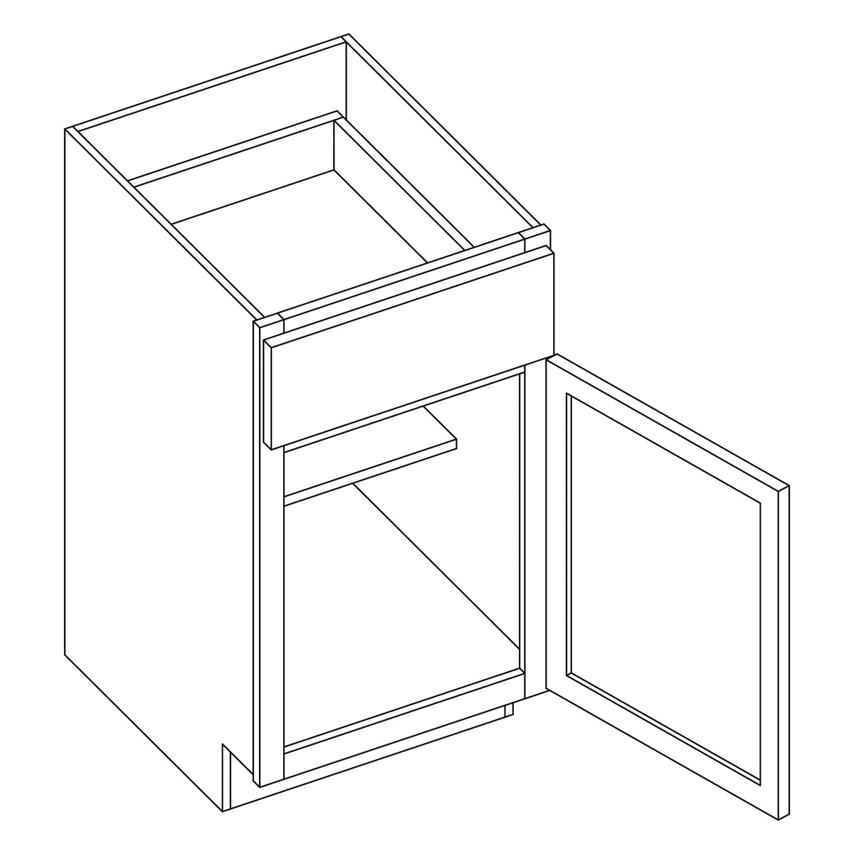 KCD Shaker Designer White Slab Single Door Standard Base Cabinet - 15" W - line drawing