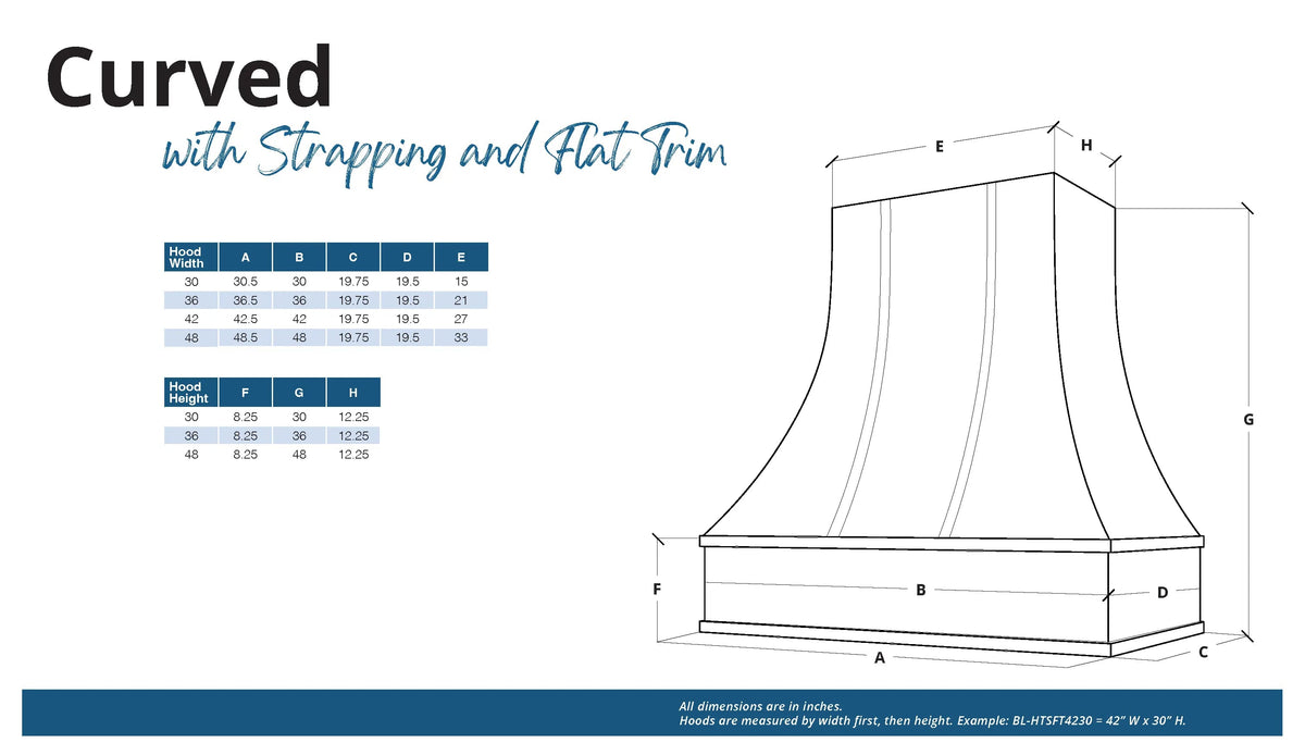 KCD Shaker Designer White Curved Hood with Strapping Flat Trim - 36" W x 30" H - line drawing