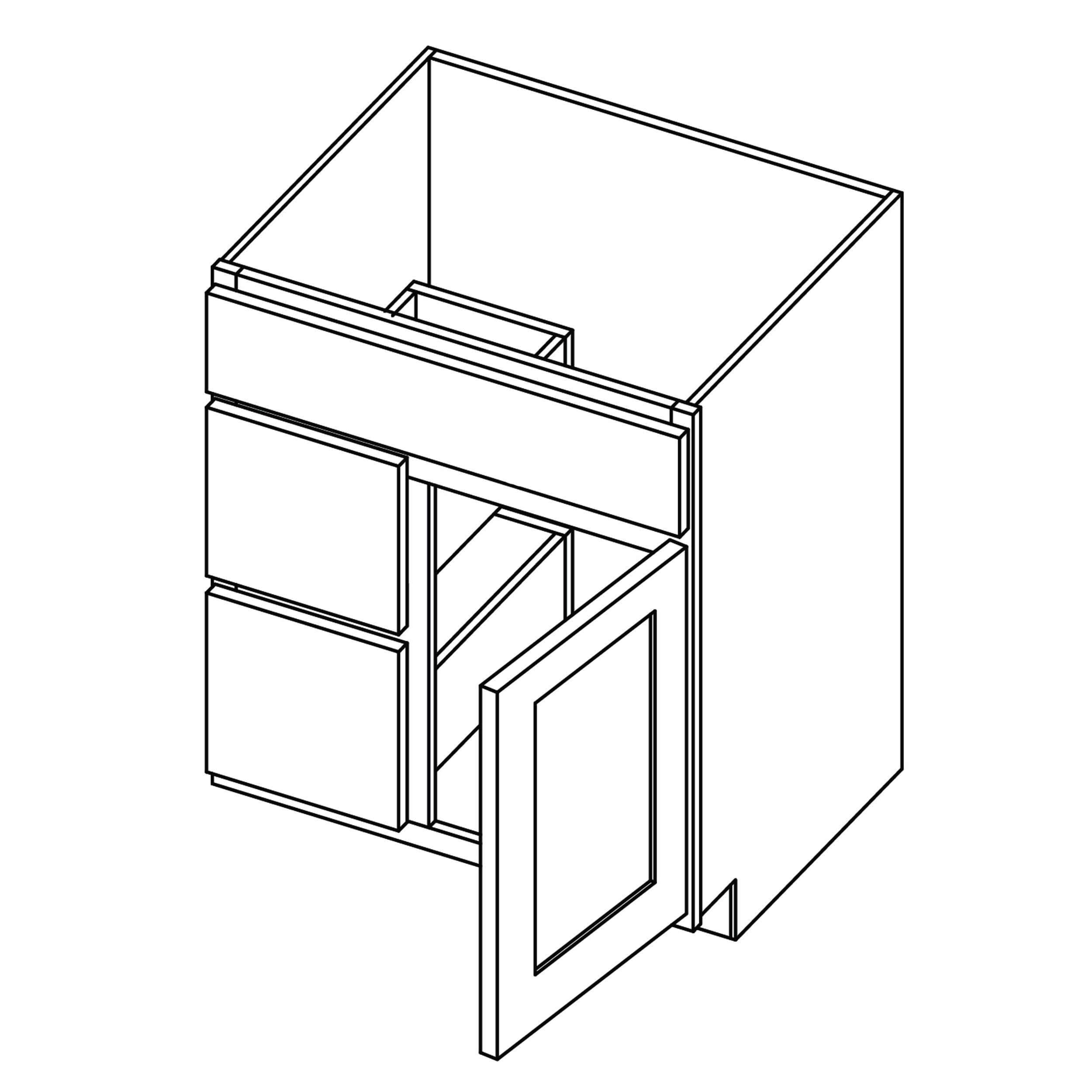 KCD Shaker Designer White Slab Vanity Sink Base Left Drawer Stacking Cabinet - 30" W - line drawing