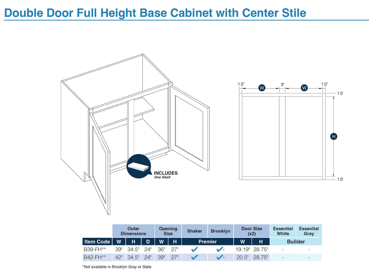 KCD Brooklyn Pearl Full Height Double Door Base Cabinet - 42" W - line drawing