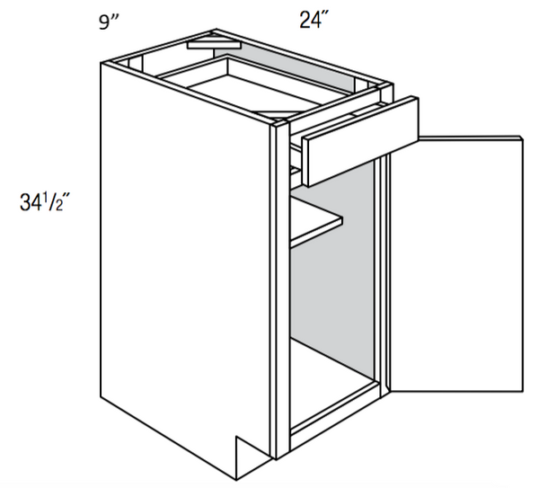 B09R - Assembled Cream White Shaker - Base Cabinet - Single Door/Drawer - 9"W x 34.5"H x 24" - Hinges on Right