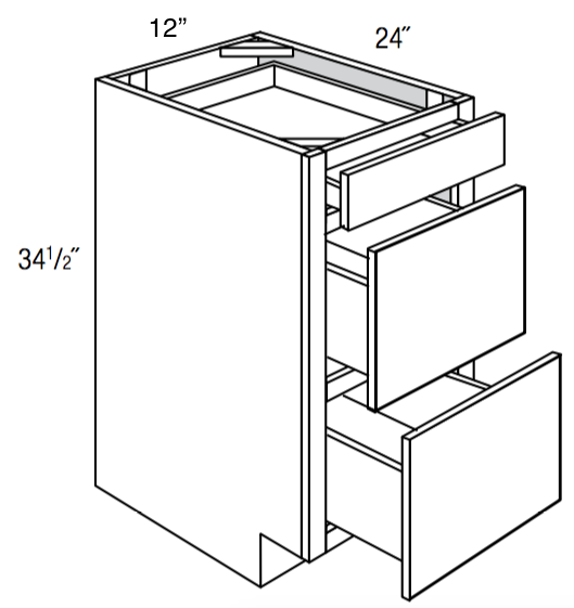 DB12-3 - Assembled Smoky Gray Double Shaker - Drawer Base Cabinet - Triple Drawers - 12"W x 34.5"H x 24"D