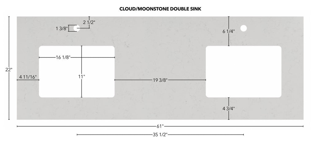 Cloud and Moonstone vanity top measurements, double sink, 22 inch depth with sink bowl and faucet hole dimensions