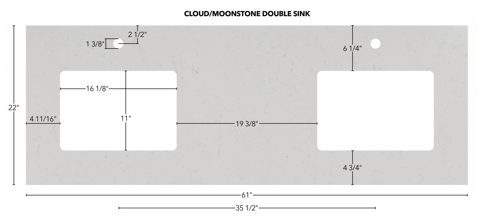 Cloud and Moonstone vanity top measurements, double sink, 22 inch depth with sink bowl and faucet hole dimensions