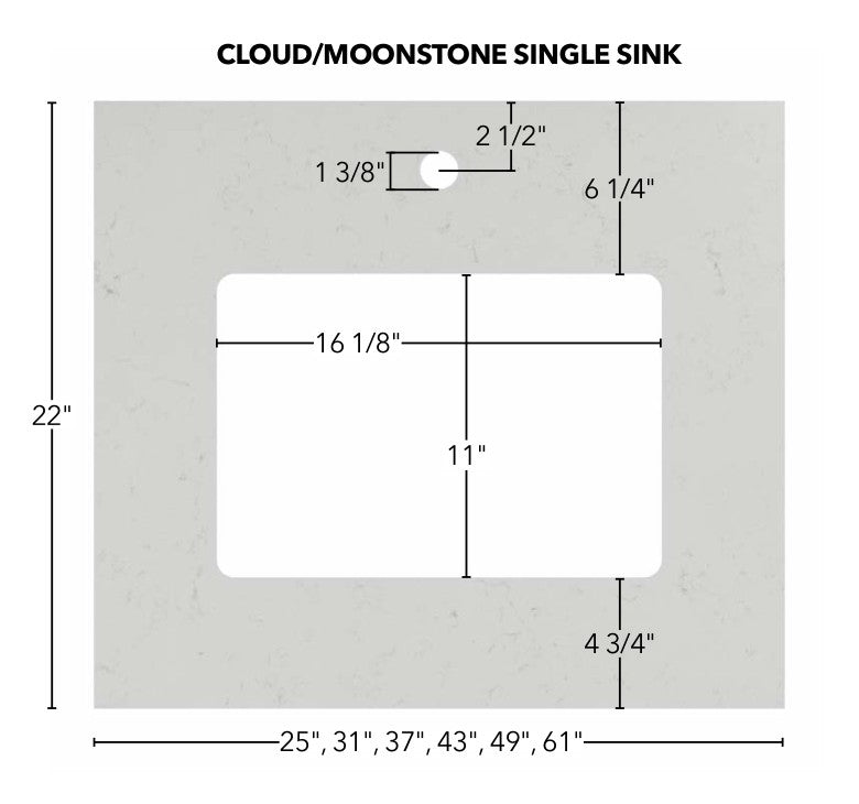 Cloud and Moonstone vanity top measurements, single sink, 22 inch depth with sink bowl and faucet hole dimensions