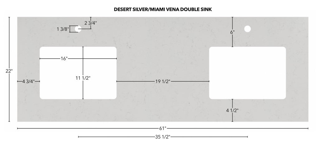 Desert Silver and Miami Vena vanity top measurements, double sink, 22 inch depth with sink bowl and faucet hole dimensions