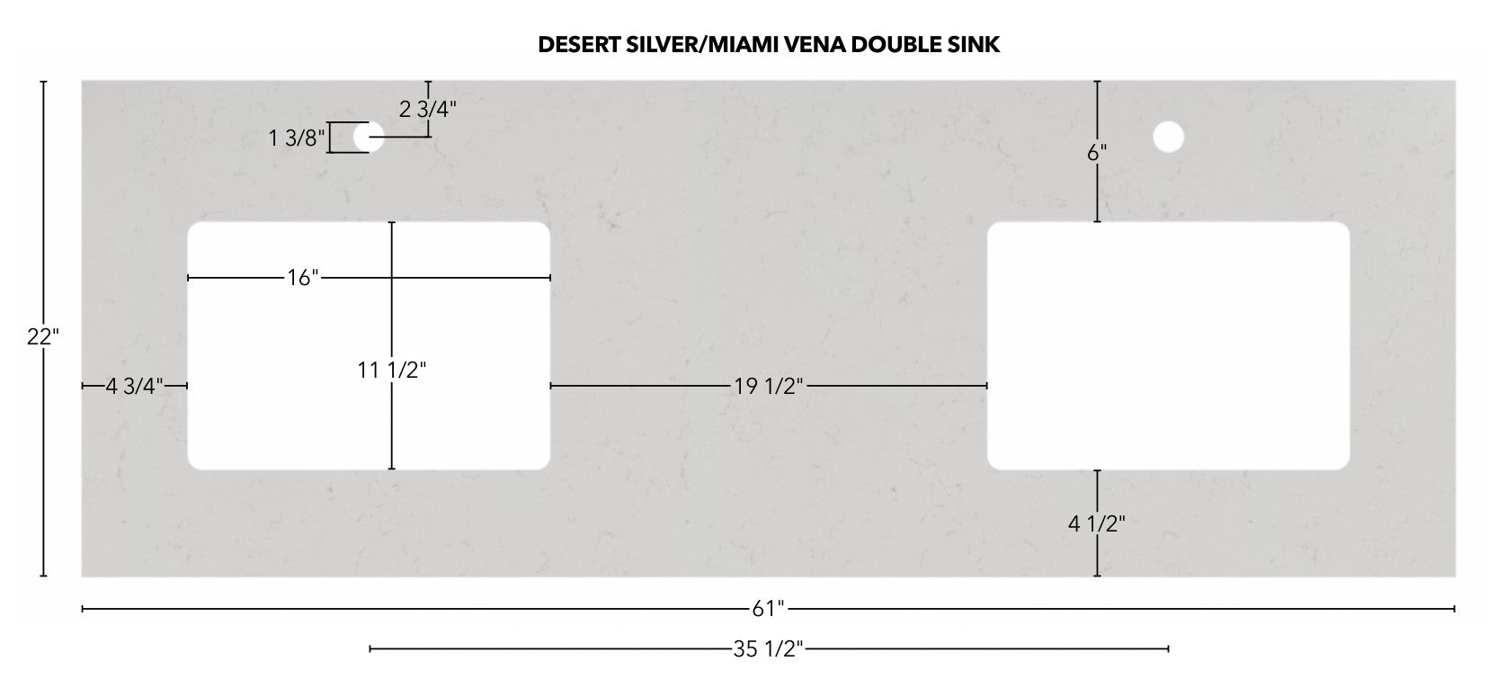 Desert Silver and Miami Vena vanity top measurements, double sink, 22 inch depth with sink bowl and faucet hole dimensions