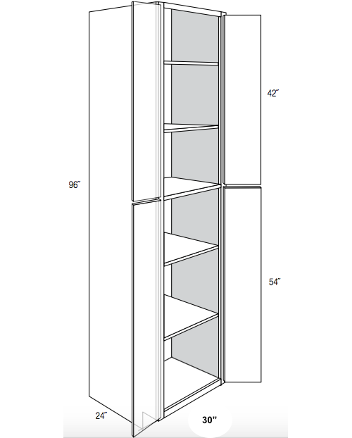 WP3090 - Assembled Dove White Shaker - Utility Pantry Cabinet - Double Doors - 30"W x 90"H x 24"D