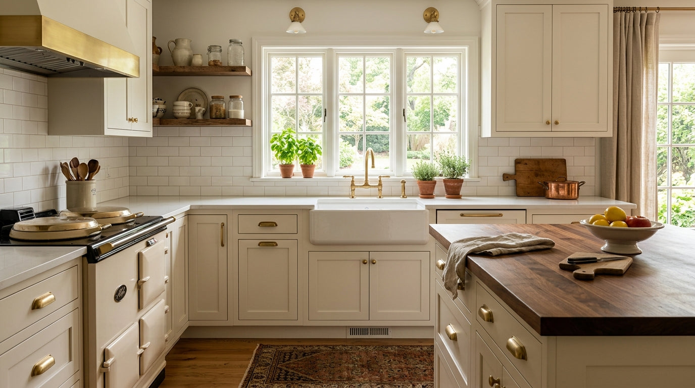 Bright white kitchen with gold fixtures and stainless range